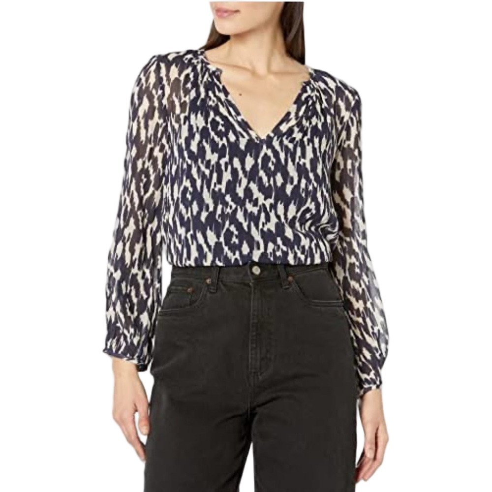 ⛵️Velvet by Graham & Spencer Navy & Cream long sleeve sequin Blouse size M NWT…